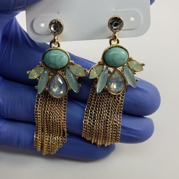 Turquoise & Citrine Crystal Chandelier Earrings – Gold Fringed Sparkling Gem - Picture 7 of 8